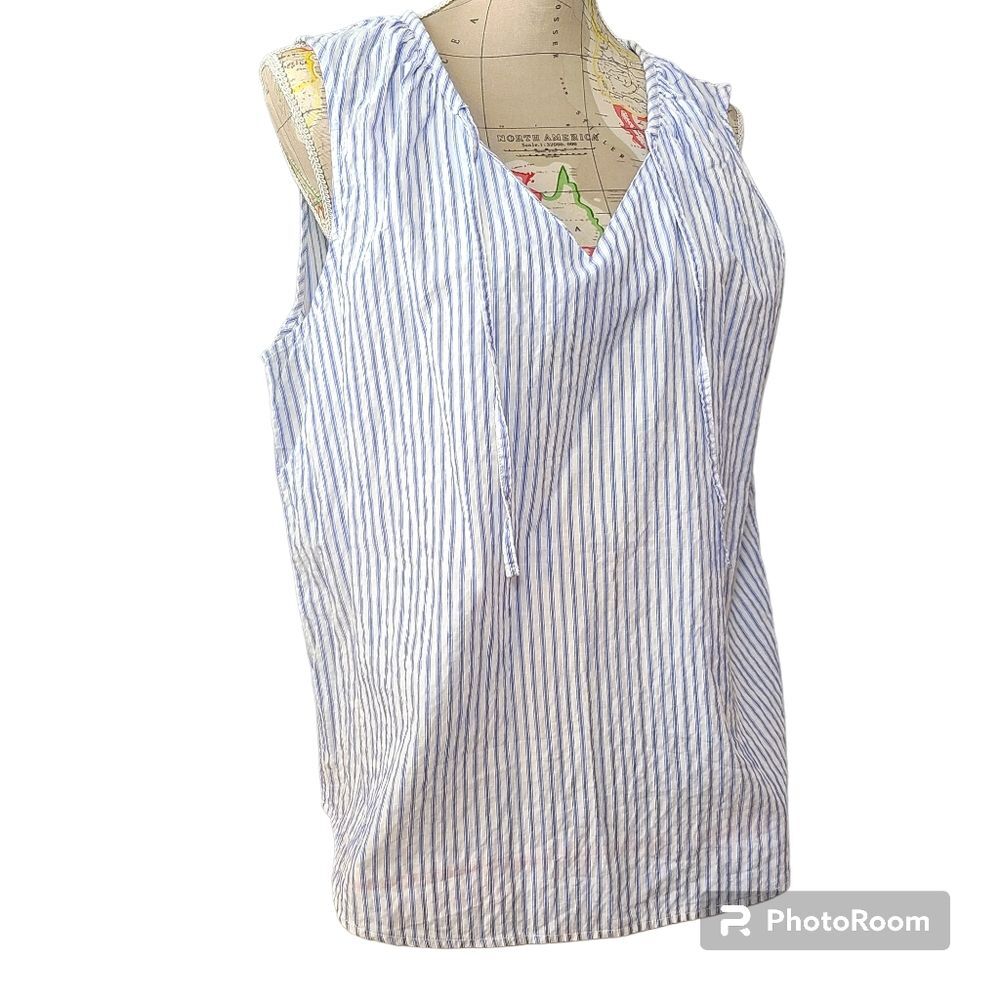 Lands' End Size 16 Blue White Neck Tie V-Neck Pinstripe Cotton Blouse Nautical